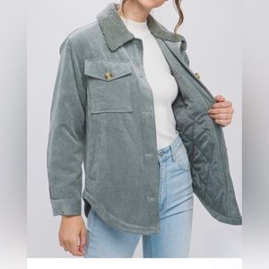 New Corduroy Jacket Sherpa Collar Pockets Button Front Mint Stone